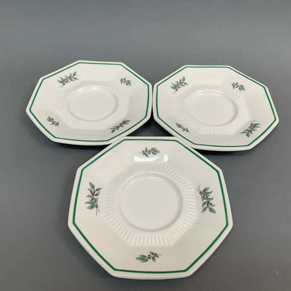 Nikko Christmastime Japan White‎ Green Holly Berries Saucers Plates Lot of 3